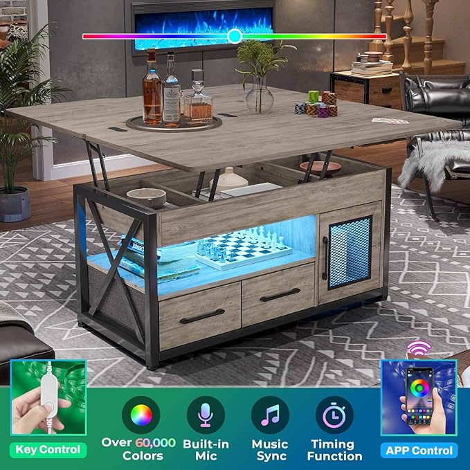 Itaar 40" Lift Top Coffee Table, 4 in 1 Coffee Tables with Storage Cabinet for Living Room, Small Farmhouse Coffee Table with 2 Fabric Drawers & LED Light for Dining Room, Grey