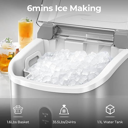 Nugget Ice Maker Countertop, 35.5Lbs/24Hrs Chewable Sonic Ice Machine with Self-Cleaning, Handle, Water Tank, Quiet Operation & Portable Pellet Ice Maker for Home, Office, Kitchen, Bar, Grey