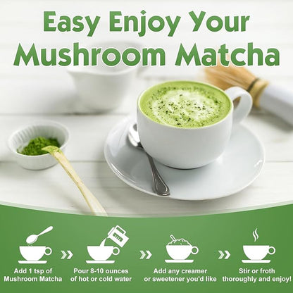 Mushroom Matcha Blend with 6 Adaptogen Mushrooms & Ceremonial-Grade Matcha Powder - Boosts Energy, Focus, Digestion, Immunity (30 Servings)