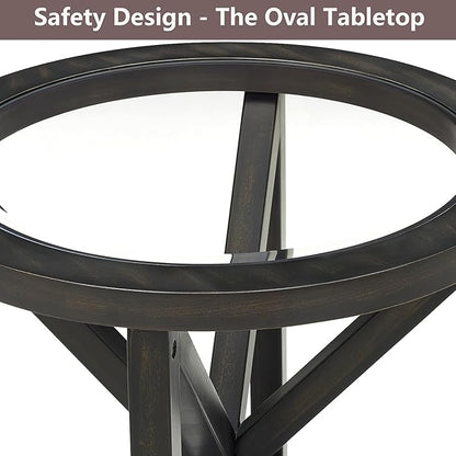 End Table Living Room Sofa Side Table Modern Simple Round Transparent Tempered Glass Top and Wood Base, Office Terrace Study Accent End Table, Black Brown