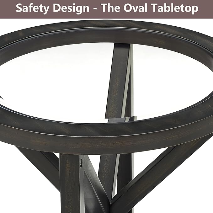 End Table Living Room Sofa Side Table Modern Simple Round Transparent Tempered Glass Top and Wood Base, Office Terrace Study Accent End Table, Black Brown