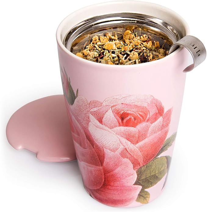 Tea Forte Jardin Double-Walled Ceramic Kati Cup with Removable Stainless Steel Infuser Basket and Lid, Steeps 12 oz Loose Leaf Tea, Lid and Cup Dishwasher & Microwave Safe