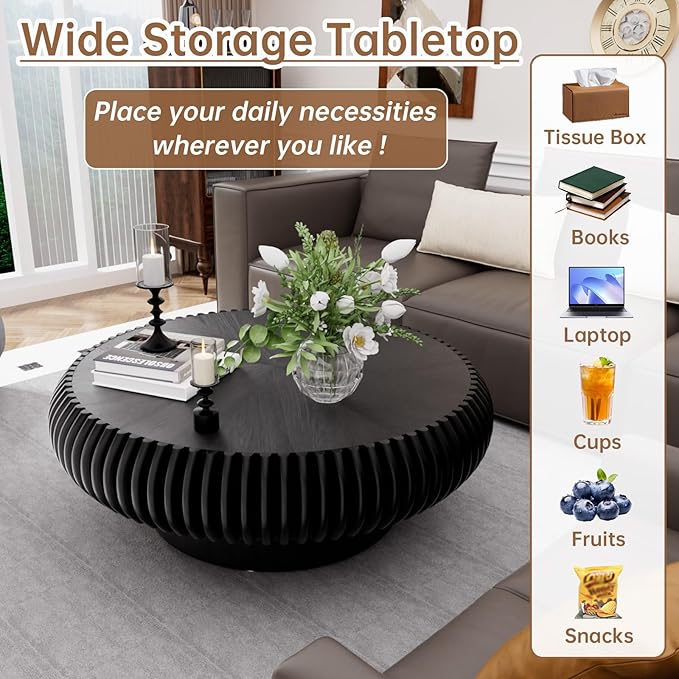 Round Coffee Table 31.4" Modern Black Fluted Coffee Table Low Round Drum Pedestal Coffee Tables for Living Room Farmhouse (Black 31.4in)