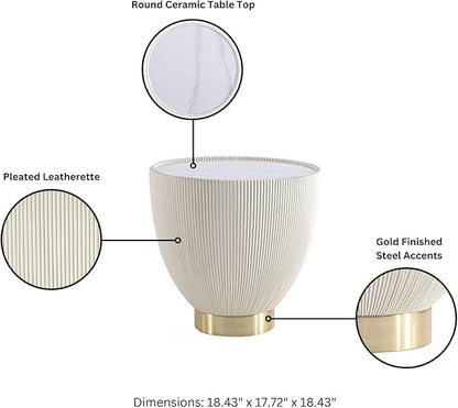 Manhattan Comfort Modern Anderson Coffee Table, 1.0 & 2.0 End Table, Upholstered in Cream Leatherette with Ceramic Faux Tabletop and Gold Metal Tabletop- Set of 3