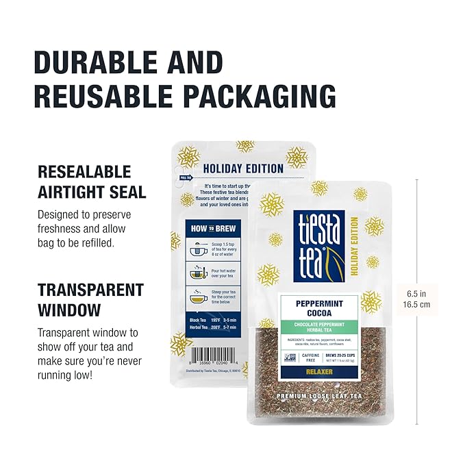 Tiesta Tea - Cozy Peppermint Cocoa, Loose Leaf, Chocolate Peppermint Herbal Tea, Premium Non-Caffeinated Holiday Blend, Make Hot or Iced & Up to 25 Cups, 1.5oz Resealable Pouch