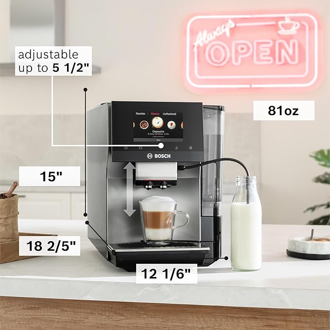 Bosch 800 Series Fully Automatic Espresso and Coffee Machine – 36 Drinks with Coffee World, Cold Brew, Double Cup, Milk Hose, Glass Milk Container, in Metallic Silver TPU60501