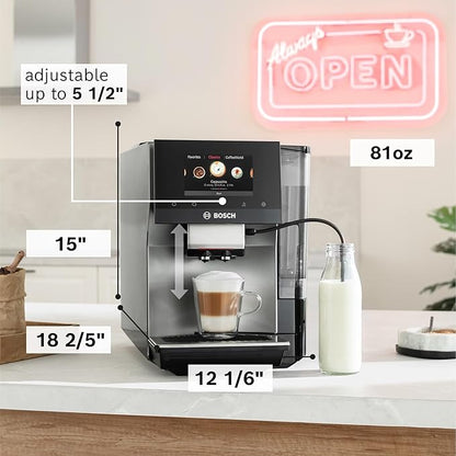Bosch 800 Series Fully Automatic Espresso and Coffee Machine – 36 Drinks with Coffee World, Cold Brew, Double Cup, Milk Hose, Glass Milk Container, in Metallic Silver TPU60501