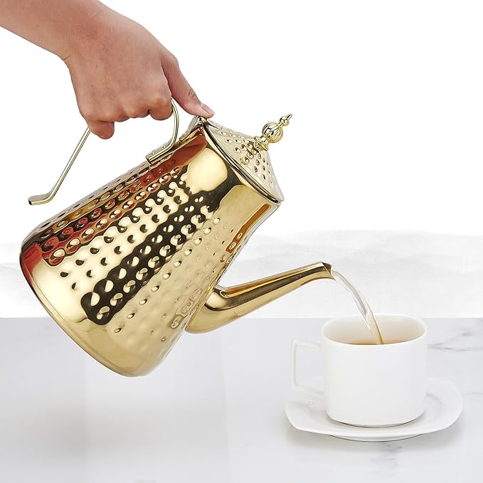 SANQIAHOME 1.8L(60oz) Stainless Steel Hammer Patterned Teapot With Removeable Infuser,Loose leaf cover,Gold