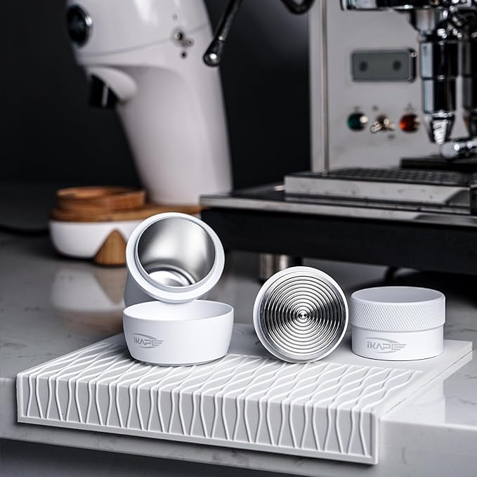 IKAPE 58.5mm Espresso Tamper, Premium Barista Coffee Tamper with Calibrated Spring Loaded, 100% Stainless Steel Base Tamper (White)