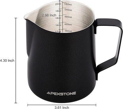 Apexstone 20 oz Black Espresso Steaming Pitcher, Espresso Milk Frothing Pitcher 20 oz Black, Coffee Milk Frothing Cup, Coffee Steaming Pitcher 20 oz/600 ml