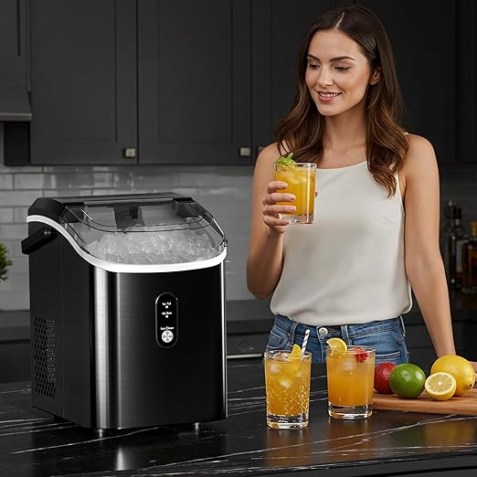 Antarctic Star Nugget Ice Maker Countertop with Soft Chewable Ice, Portable Sonic Ice Maker with Basket and Scoop, Removable Top Cover, Auto-Cleaning for Home/Party/RV/Camping (Stainless Steel Black)