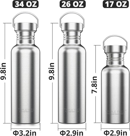 TRIPLE TREE 17 OZ Uninsulated Single Walled Stainless Steel Sports Water Bottle 18/8 Food Grade for Cyclists, Runners, Hikers, Beach Goers, Picnics, Camping - BPA Free
