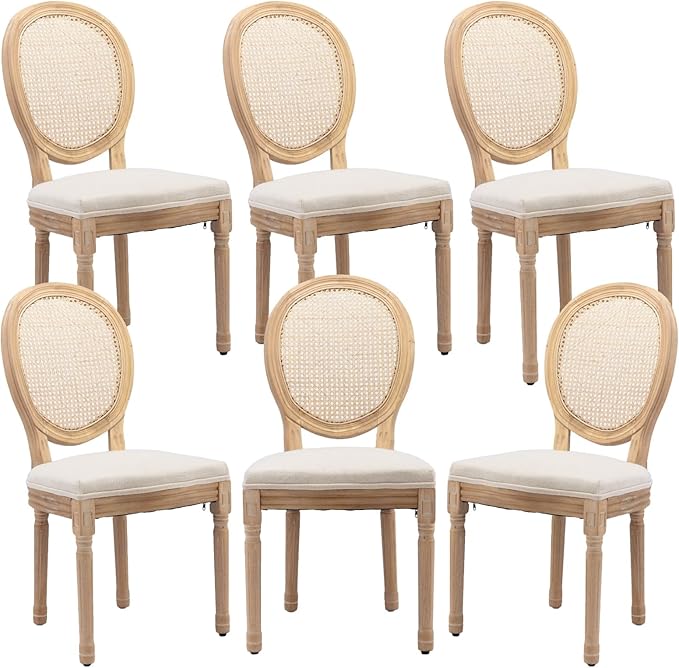 French Country Dining Chairs Set of 6, Vintage Wooden Dining Chairs with Fabric Upholstered Seat&Rattan Oval Backrest,Solid Wood Legs&Frame, Farmhouse Kitchen&Living Room Chairs(Beige,6 Pcs)