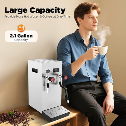 2500W Commercial Milk Frother Machine, 2.1Gal Multi-purpose Steam Hot Water Boiler with Double Boiler, Stainless Steel Milk Steamer for Coffee, Latte, Cappuccino