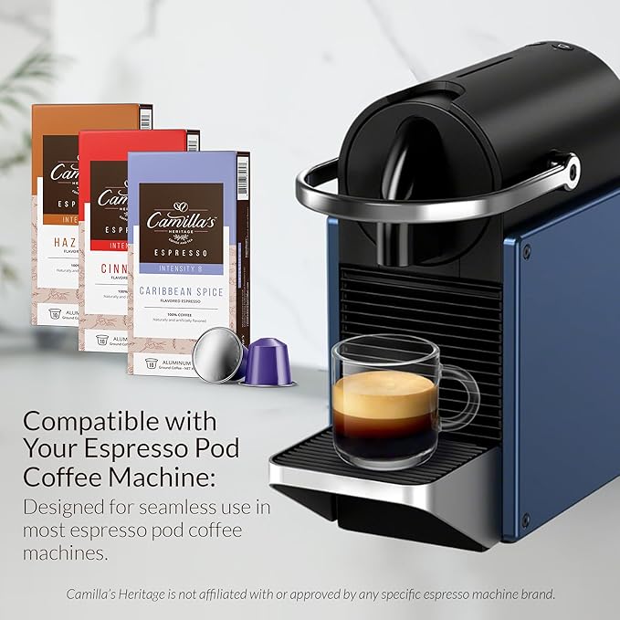 Camilla’s Heritage - Intensity 8 Flavored Espresso Coffee Spiced Variety Pack (Caribbean Spice, Cinnamon & Hazelnut Espresso Cups) 60 Coffee Pods