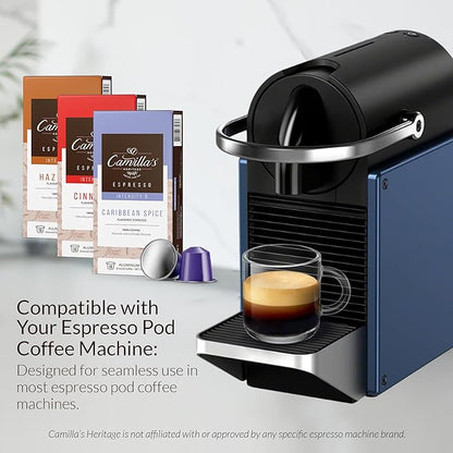 Camilla’s Heritage - Intensity 8 Flavored Espresso Coffee Spiced Variety Pack (Caribbean Spice, Cinnamon & Hazelnut Espresso Cups) 60 Coffee Pods