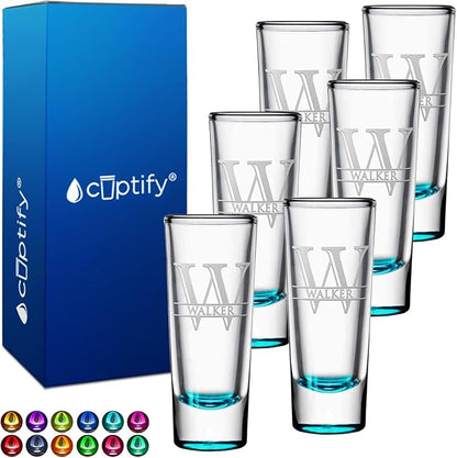 Personalized Shot Glasses Set of 6 Teal Bottom Custom 2 oz Cordial Shot Glass Initial and Name for Gifts, Weddings, Birthdays, Party, Event, Decorations