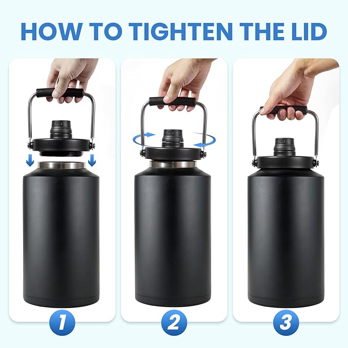 1 Gallon Water Jug Bottle Insulated, 128oz Stainless Steel Water Bottle Jug Wide Mouth Double Vacuum Dishwasher Safe BPA Free for Hot & Cold Drinks Black