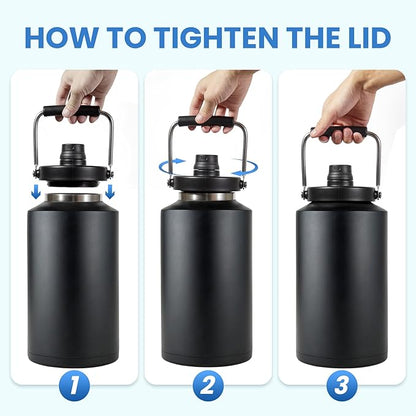 1 Gallon Water Jug Bottle Insulated with Straw, 128oz Stainless Steel Water Bottle Wide Mouth Double Vacuum Dishwasher Safe BPA Free for Hot & Cold Drinks Black