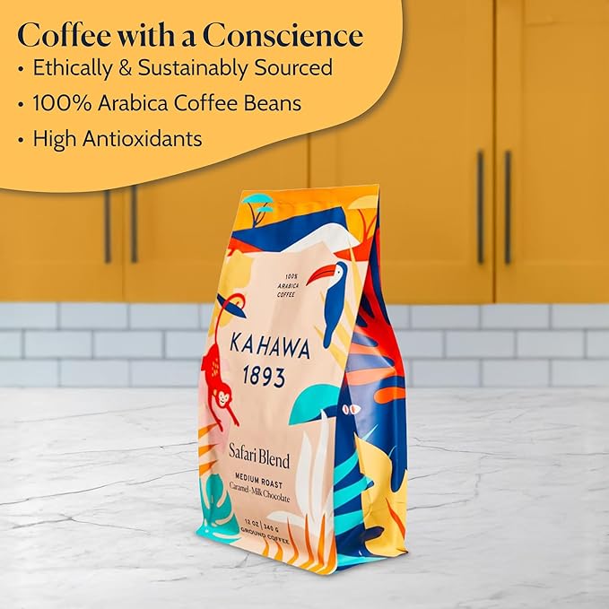 Kahawa 1893 Ground Coffee Medium Roast Safari Blend 12 Oz - As Seen on Shark Tank, High Antioxidants, Naturally Sweet, Organically Grown, Ethically & Sustainably Sourced