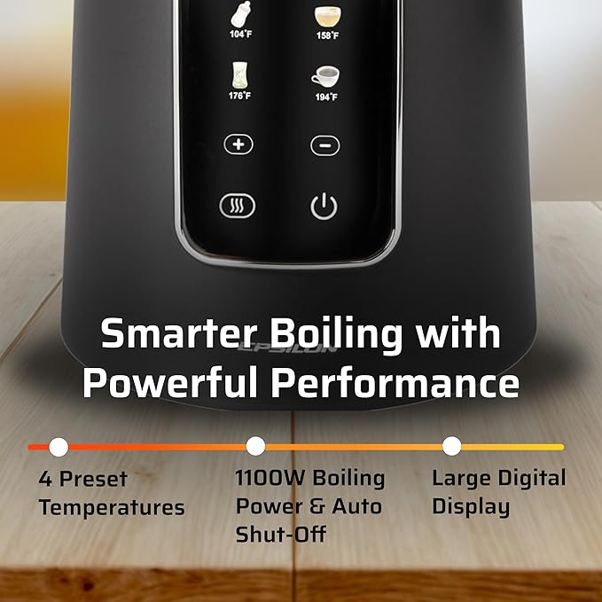 Epsilon LCD Electric Kettle 1100W - 1.7L Hot Water Tea Kettle with Digital Display, Temperature Control, Fast Boil, BPA-Free Electric Teapot with Auto Shut-Off & Boil Dry Protection