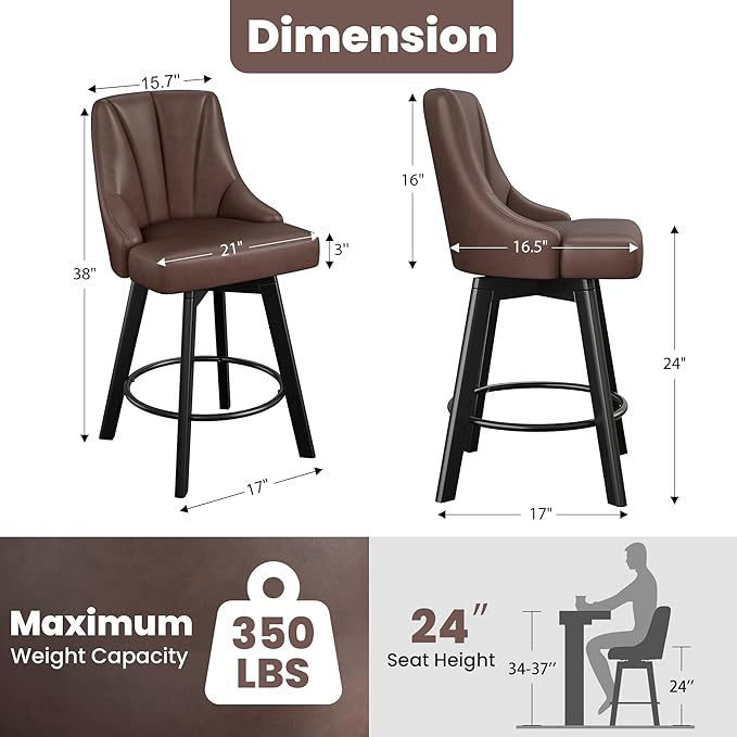 Bar Stools with Backs, PU Leather Upholstered Counter Barstools with Solid Wood Legs for Kitchen Island, Home Bar(3PCS Brown)