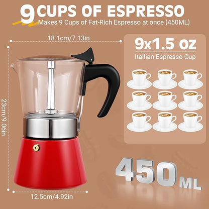 Induction Moka Pot, 9 Cups (15.9 oz) Crystal Glass-Top & Stainless Steel Moka Pot, Classic Stovetop Espresso Maker, Red