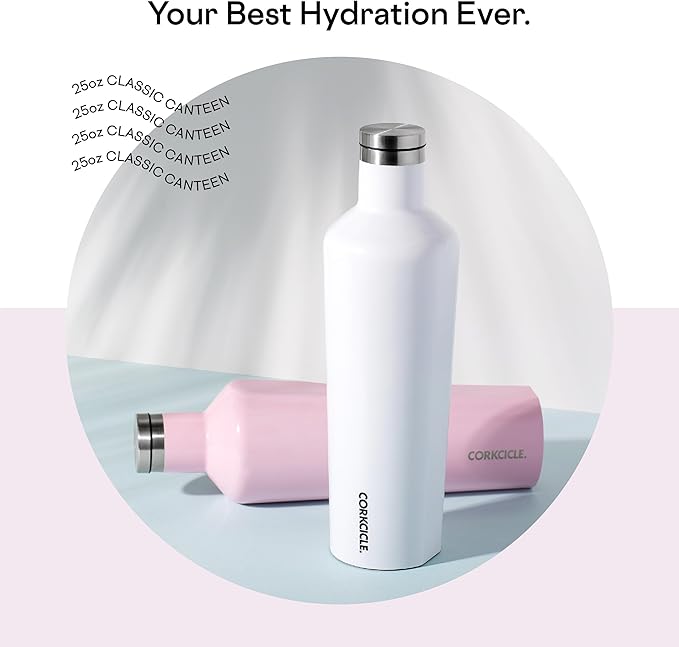 Corkcicle Insulated Canteen, Powder Puff, 25 oz – Cupholder Friendly Water Bottle with Screw-On Cap Keeps Drinks Cold for 25hrs, Hot 12hrs
