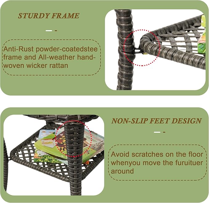 Outdoor Wicker Side Table,Double Rectangular Wicker Patio Table with Storage,All Weather Resin Rattan Patio Glass Coffee Desk for Garden,Backyard,Pool Indoor Companion