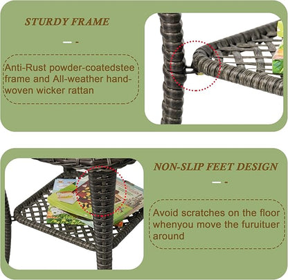 Outdoor Wicker Side Table,Double Rectangular Wicker Patio Table with Storage,All Weather Resin Rattan Patio Glass Coffee Desk for Garden,Backyard,Pool Indoor Companion
