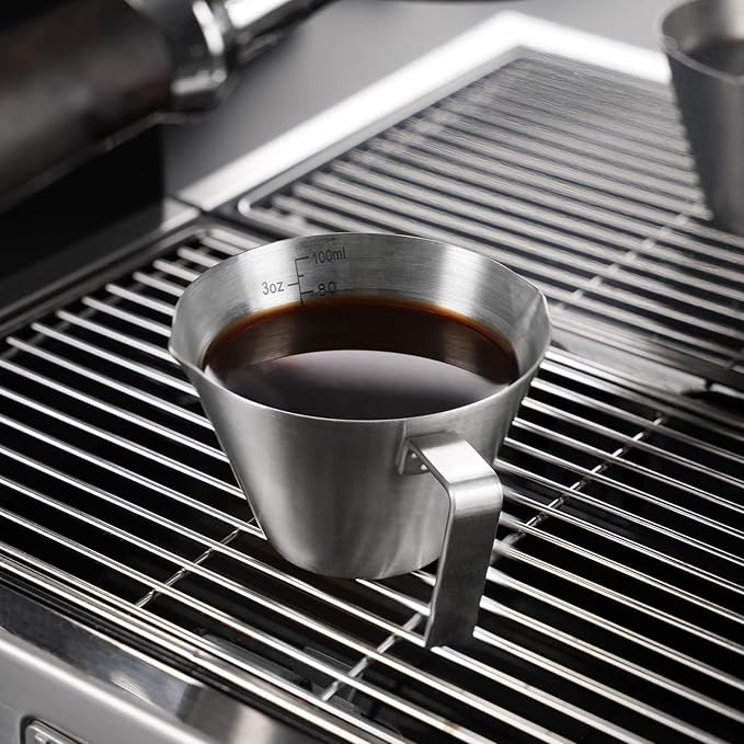 YARRAMATE 2 Pcs Espresso Cups with Handle, Stainless Steel Espresso Accessories, Double Spout Metal Measuring Cup with Dual Scale, Espresso Shot cup with V-Shaped Mouth, 3.4OZ/100ML(Sliver)