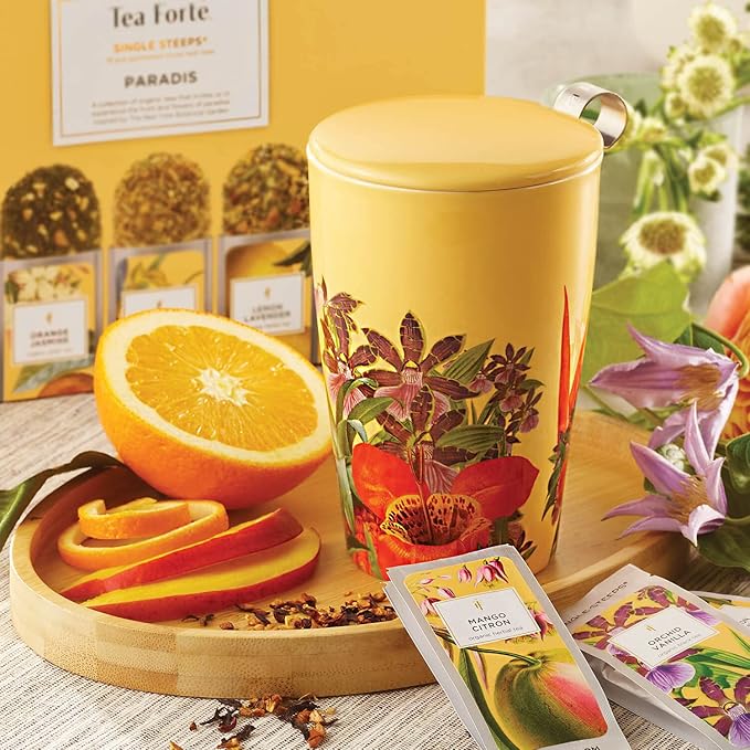 Tea Forte Paradis Double-Walled Ceramic Kati Cup with Removable Stainless Steel Infuser Basket and Lid, Steeps 12 oz Loose Leaf Tea, Lid and Cup Dishwasher & Microwave Safe