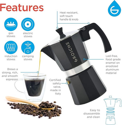 GROSCHE Milano Stovetop Espresso Maker Moka Pot 9 espresso Cup, 15.2 oz, Black. Cuban Coffee Maker Stove top coffee maker Moka Italian espresso greca coffee maker brewer percolator
