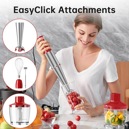 Immersion Blender Handheld Corded Hand Blenders Set 1100W, Trigger Variable Speed 5 in 1 Stick Emulsifier with Chopper, Whisk and Frother for Soup, Baby Food and Smoothies, Red