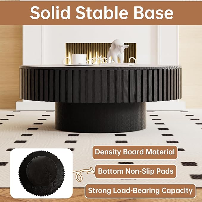Round Coffee Table with Storage 31.4" Modern Black Fluted Coffee Table Low Round Storage Drum Pedestal Coffee Tables for Living Room Farmhouse (Black A 31.4in)