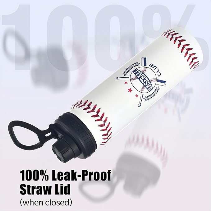 Baseball Water Bottle, 24 oz Insulated Stainless Steel Sports Bottle with Straw, Baseball Stuff Gifts for Boys