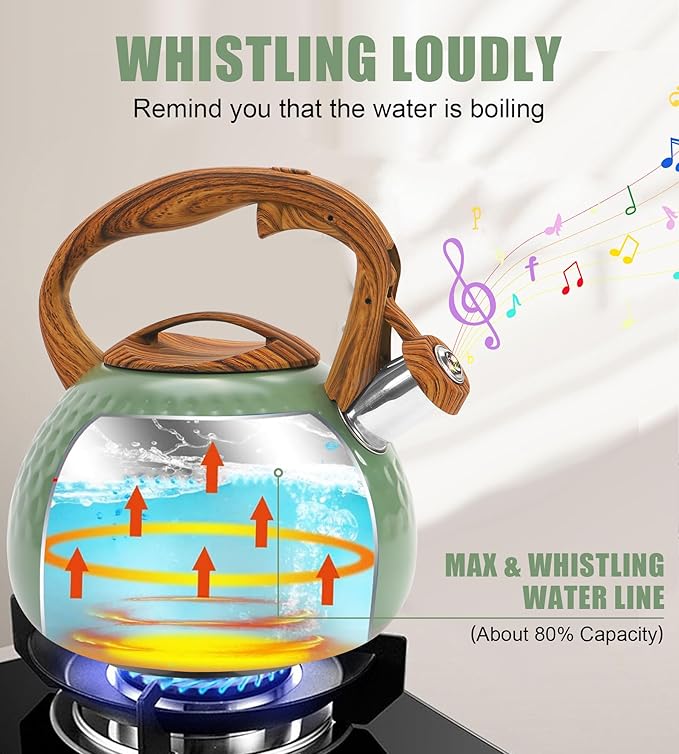 Stovetop Whistling Tea Kettle 3.2QT - Stainless Steel with Wood Grain Handle, Loud Whistle Kettle for Tea, Coffee & Milk, Ergonomic Grip & Balanced Pour Spout (Emerald Green)