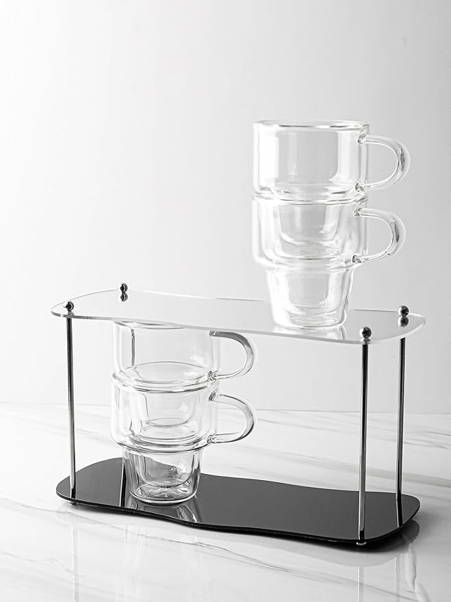 NIRA.Z 4 Pack Double Wall Glass Coffee Mugs 12 OZ Insulated Espresso Cups with Handle, Stackable Thermal Glass Coffee Cups, Ideal for Hot & Cold Drinks, Juice, Americano, Latte, Tea Bags, Cappuccinos