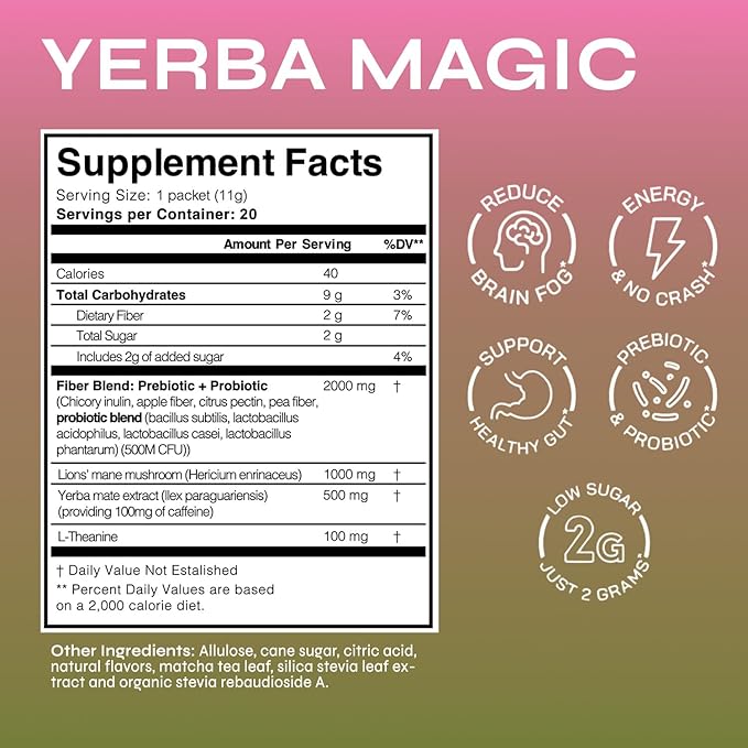 Yerba Magic Strawberry Matcha Instant Tea, 3-in-1 Super Drink - Clean Energy, Brain Fog Buster, and Gut Health Powered by Nootropics, Prebiotics and Probiotics | Yerba Mate 20 Stick Packs