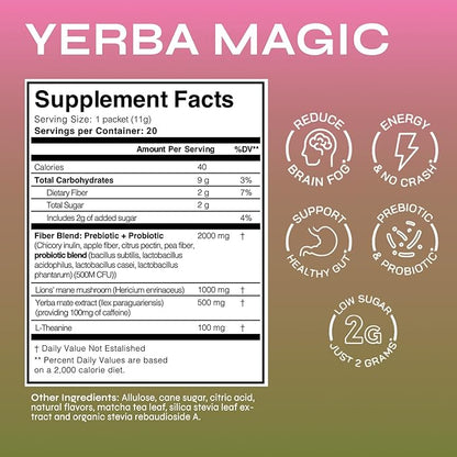 Yerba Magic Strawberry Matcha Instant Tea, 3-in-1 Super Drink - Clean Energy, Brain Fog Buster, and Gut Health Powered by Nootropics, Prebiotics and Probiotics | Yerba Mate 20 Stick Packs