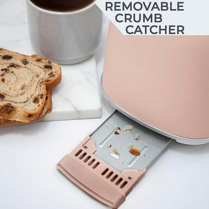 Rae Dunn Retro Rounded Bread Toaster, 2 Slice Stainless Steel Toaster with Removable Crumb Tray, Wide Slot with 6 Browning Levels, Bagel, Defrost and Cancel Options, Blush