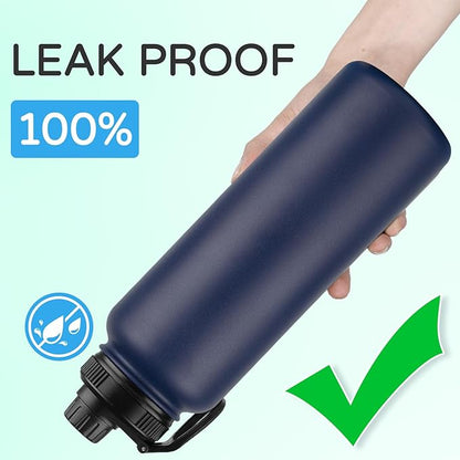 DOMICARE 40 oz Insulated Water Bottle, Vacuum Insulated Stainless Steel Sports Water Bottle with Straw Lid & Spout Lid, Leakproof, Reusable - Travel, Camping, Bike, Navy Blue