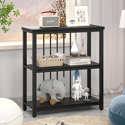 FOLUBAN Bookshelf, Modern 3 Tier Bookcase, Wood and Metal Book Shelves for Living Room Office Bedroom, Rustic Black Oak