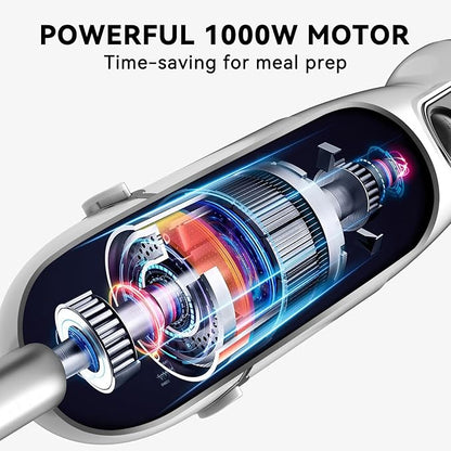 Immersion Blender Handheld 5 in 1 Hand Blender, 1000W Hand Mixer Stick, BPA-Free 12 Speed Handheld Blender with Mixing Beaker, Chopper, Whisk and Milk Frother for Soup, Sauce, Baby Food (White)