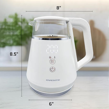 OVENTE Electric Kettle with 5 Temperature Control Presets, LED Digital Display, 5Hr Keep Warm Function, Auto Shut-Off and Boil Dry Protection, 1500W BPA Free Glass Water Heater and Boiler, White KD95W