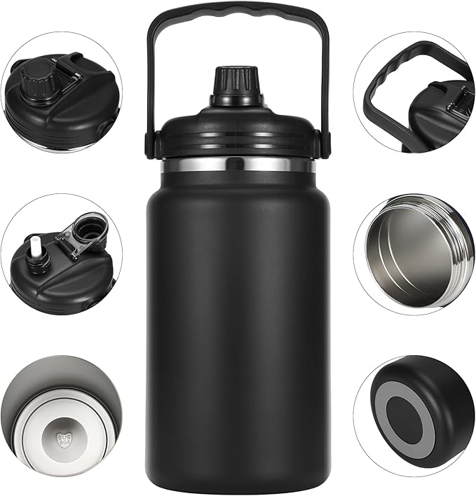 1 Gallon Thermosflask with Straw, 135oz Stainless Steel Insulated Water Bottle，4L Oversized Double Wall Vacuum Jug with Handle for Hot Cold Drinks, Wide mouth Icebuckets for Hiking Sports(Black)