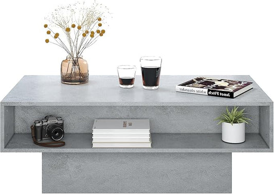 LED Coffee Table with Storage, Rectangular Center Table for Living Room, Modern High Glossy Farmhouse Grey Coffee Table with 16 Colors LED Lights, Wooden Living Room Table