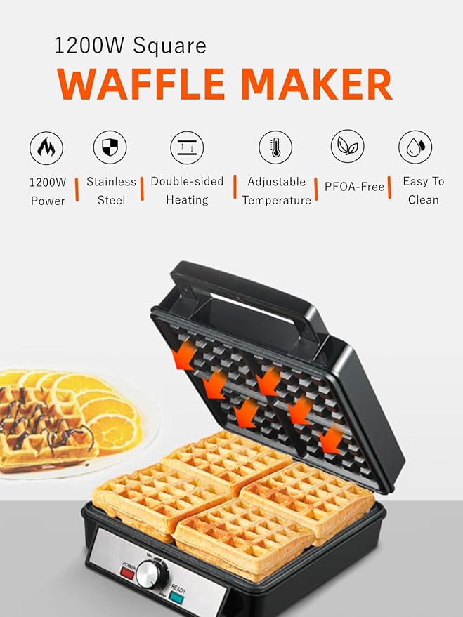 1200W Belgian Waffle Maker 4-Slice, Stainless Steel, 5 Browning Levels, Non-Stick Surfaces, Silver/Black, FOHERE - Perfect for Family Breakfasts (Black)