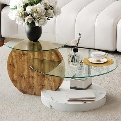 35 Inch Glass Coffee Table，Round Coffee Table with 2-Tier Tempered Glass Tabletop，Easy to Clean Circle Coffee Table with Sturdy Base for Living Room，Office （Brown & White Marble Colored Base）