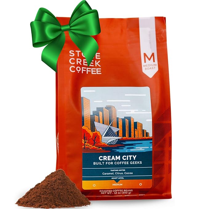 Stone Creek Coffee Medium Roast Ground Coffee – 12 Ounce (Pack of 1) – Specialty Smooth and Sweet Fresh Roasted Coffee Beans with Fruity/Chocolate Tasting Notes, Cream City